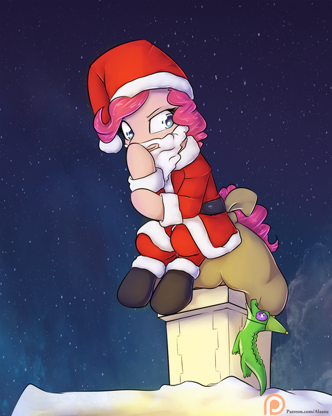 Size: 1200x1500 | Tagged: artist:alasou, chimney, clothes, derpibooru import, gummy, hat, patreon, patreon logo, pinkie pie, safe, santa claus, santa costume, santa hat, sitting, snow, snowfall, thinking