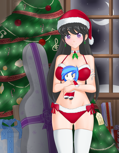 Size: 1280x1646 | Tagged: suggestive, artist:jonfawkes, derpibooru import, octavia melody, vinyl scratch, human, art pack:my little sweetheart, art pack:my little sweetheart 4, adorasexy, arm band, blushing, bra, breasts, cello, choker, christmas, christmas tree, clothes, cute, doll, female, hat, holly, humanized, jewelry, lingerie, looking at you, moon, musical instrument, my little sweetheart, my little sweetheart 4, night, panties, plushie, present, red underwear, santa hat, sexy, socks, solo, solo female, thigh highs, toy, tree, underass, underwear, window