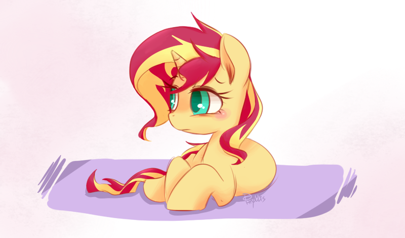 Size: 850x500 | Tagged: safe, artist:phyllismi, derpibooru import, sunset shimmer, pony, unicorn, equestria girls, prone, sideways glance, solo