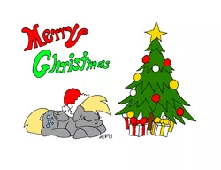 Size: 3261x2505 | Tagged: safe, artist:dragonboi471, derpibooru import, derpy hooves, pegasus, pony, christmas, christmas tree, female, hat, mare, santa hat, simple background, sleeping, tree