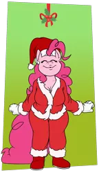 Size: 958x1662 | Tagged: safe, artist:silverscarf, derpibooru import, pinkie pie, anthro, boots, cleavage, clothes, female, gloves, hat, holly, holly mistaken for mistletoe, santa costume, santa hat, solo