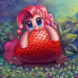 Size: 750x750 | Tagged: safe, artist:son-trava, derpibooru import, pinkie pie, earth pony, pony, cute, diapinkes, female, food, giant produce, high fructose, looking at you, mare, micro, nom, solo, strawberry, weapons-grade cute