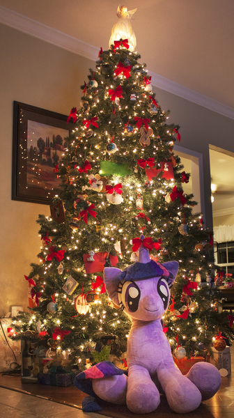 Size: 1984x3540 | Tagged: artist:plushwaifus, christmas, christmas tree, derpibooru import, irl, life size, photo, plushie, safe, solo, tree, twilight sparkle