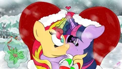 Size: 2556x1440 | Tagged: safe, artist:classedapex, derpibooru import, moondancer, starlight glimmer, sunset shimmer, trixie, twilight sparkle, pony, clothes, female, hat, heart, heart eyes, holly, kissing, lesbian, magic, santa hat, scarf, shipping, snow, snowfall, socks, striped socks, sunsetsparkle, telekinesis, wingding eyes