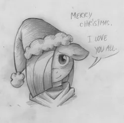 Size: 850x842 | Tagged: artist:lonelycross, ask lonely inky, blushing, choker, christmas, clothes, derpibooru import, explicit source, hat, holiday, hoodie, lonely inky, looking at you, marble pie, merry christmas, monochrome, old, safe, santa hat, solo, traditional art