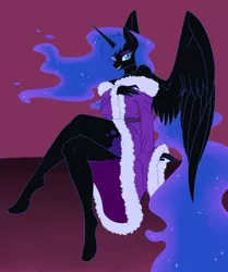 Size: 2618x3128 | Tagged: anthro, artist:spiderweber, bathrobe, clothes, commission, crossed legs, derpibooru import, female, fluffy, leg focus, legs, nightmare moon, pinup, robe, sexy, simple background, solo, solo female, stupid sexy nightmare moon, suggestive, unguligrade anthro