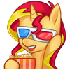 Size: 100x100 | Tagged: safe, artist:pohwaran, derpibooru import, sunset shimmer, pony, unicorn, 3d glasses, food, glasses, icon, popcorn, simple background, solo, transparent background