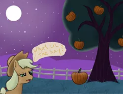 Size: 1024x783 | Tagged: applejack, artist:lunaerix, derpibooru import, food, night, nightmare night, pumpkin, safe, solo, sweet apple acres, tree