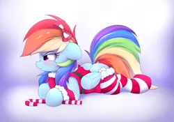 Size: 2000x1400 | Tagged: suggestive, artist:heavymetalbronyyeah, derpibooru import, rainbow dash, adorasexy, blushing, bow, candy, candy cane, christmas, clothes, cute, dashabetes, embarrassed, female, food, hair bow, plot, rainbow dash always dresses in style, santa costume, scrunchy face, sexy, socks, solo, solo female, stockings, striped socks, thighs