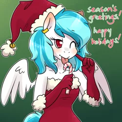 Size: 1000x1000 | Tagged: safe, artist:lucidlarceny, derpibooru import, oc, oc:squeaky clean, unofficial characters only, anthro, pegasus, blushing, candy, candy cane, clothes, evening gloves, food, gloves, hat, licking, santa hat, solo, tongue out, wink