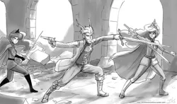 Size: 1280x753 | Tagged: armor, artist:johnjoseco, black and white, cape, clothes, derpibooru import, discord, duel, fight, goatee, grayscale, gun, human, humanized, military uniform, monochrome, pistol, princess celestia, princess luna, revolver, safe, sketch, sword, uniform, warrior, warrior celestia, warrior luna, weapon