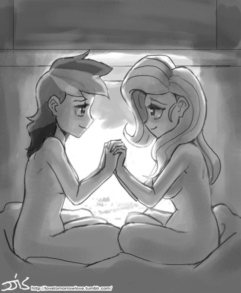 Size: 800x970 | Tagged: questionable, artist:johnjoseco, derpibooru import, fluttershy, rainbow dash, human, black and white, breasts, casual nudity, female, fireplace, flutterdash, grayscale, holding hands, humanized, lesbian, looking at each other, monochrome, nudity, shipping, sideboob, sketch, smiling, underboob