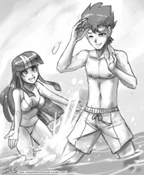 Size: 800x970 | Tagged: safe, artist:johnjoseco, derpibooru import, flash sentry, twilight sparkle, human, equestria girls, beach, belly button, bikini, black and white, blushing, clothes, cute, female, flashlight, grayscale, humanized, male, monochrome, nipples, open mouth, shipping, sketch, smiling, splash, splashing, straight, swim trunks, swimsuit, topless, water, wink
