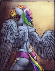 Size: 1268x1636 | Tagged: anthro, artist:bantha, ass, back, clothes, derpibooru import, female, looking back, muscles, partial nudity, rainbow dash, shorts, solo, solo female, suggestive, topless, wings