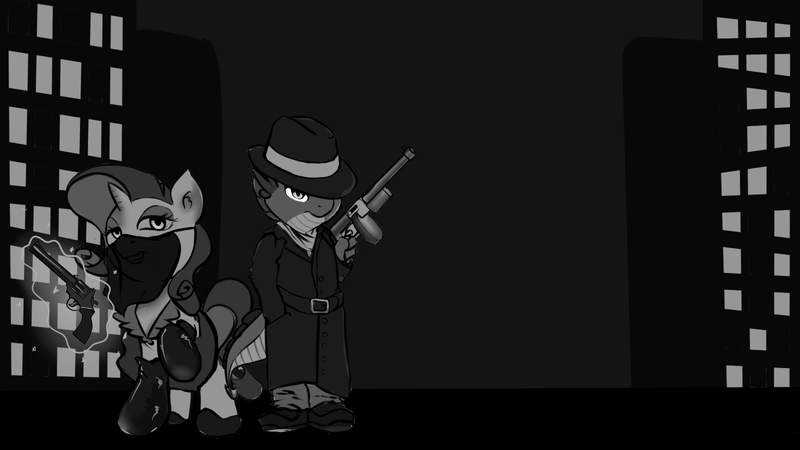 Size: 1600x900 | Tagged: safe, artist:gab0o0, derpibooru import, rarity, spike, fallout, fallout 4, mistress of mystery, monochrome, silver shroud, weapon