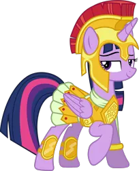 Size: 4790x5880 | Tagged: safe, artist:90sigma, derpibooru import, twilight sparkle, twilight sparkle (alicorn), alicorn, pony, scare master, .svg available, absurd resolution, armor, armor skirt, athena sparkle, bedroom eyes, clothes, female, looking at you, mare, raised hoof, simple background, skirt, smiling, solo, transparent background, vector