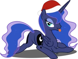 Size: 3589x2701 | Tagged: suggestive, artist:camo-pony, derpibooru import, princess luna, bedroom eyes, featureless crotch, female, hat, looking at you, looking back, missing accessory, plot, santa hat, simple background, solo, solo female, tongue out, transparent background
