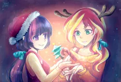 Size: 1475x1000 | Tagged: safe, artist:foxmi, derpibooru import, sunset shimmer, twilight sparkle, human, equestria girls, alternate hairstyle, antlers, candy, candy cane, christmas, christmas tree, clothes, female, food, hat, holiday, humanized, lesbian, object, off shoulder, santa hat, shipping, smiling, sunsetsparkle, sweater, tree, vest