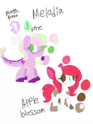 Size: 1536x2048 | Tagged: safe, artist:smileverse, derpibooru import, oc, oc:apple blossom, oc:melodia, unofficial characters only, dracony, earth pony, hybrid, pony, interspecies offspring, offspring, parent:apple bloom, parent:pipsqueak, parent:spike, parent:sweetie belle, parents:pipbloom, parents:spikebelle, reference sheet, simple background
