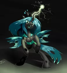 Size: 2500x2700 | Tagged: safe, artist:renatethepony, derpibooru import, queen chrysalis, changeling, changeling queen, drool, electricity, fangs, female, magic, open mouth, rearing, solo, tongue out
