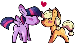 Size: 1280x781 | Tagged: safe, artist:korgikardigan, artist:twijack-doodles, derpibooru import, applejack, twilight sparkle, twilight sparkle (alicorn), alicorn, pony, blushing, boop, female, heart, lesbian, mare, noseboop, shipping, size difference, twijack, twijack-doodles