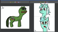 Size: 509x281 | Tagged: 1000 hours in ms paint, artist:deacon blues, derpibooru, derpibooru import, exploitable meme, juxtaposition, juxtaposition fail, lyra heartstrings, meme, meta, ms paint, pepe the frog, ponified, safe, stylistic suck