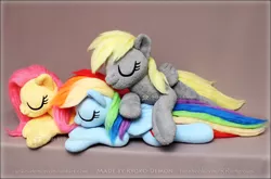 Size: 900x595 | Tagged: safe, artist:ryoko-demon, derpibooru import, derpy hooves, fluttershy, rainbow dash, pegasus, pony, cuddling, eyes closed, female, irl, mare, photo, plushie, pony pile, prone, sleeping, smiling, snuggling