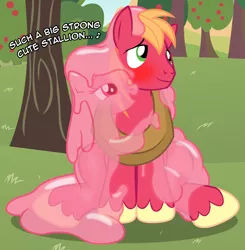 Size: 2306x2355 | Tagged: safe, artist:badumsquish, derpibooru import, big macintosh, oc, oc:quiddity, goo, goo pony, original species, bashful, bedroom eyes, blushing, canon x oc, dialogue, female, flirting, hug, looking away, male, shipping, sitting, story included, straight