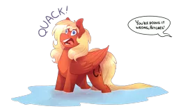 Size: 1280x820 | Tagged: safe, artist:lolepopenon, derpibooru import, oc, oc:gabriel titanfeather, unofficial characters only, duck pony, pegasus, pony, behaving like a bird, dialogue, pegaduck, quack, simple background, transparent background