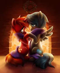 Size: 650x787 | Tagged: artist:miszasta, backlit, christmas wreath, clothes, derpibooru import, female, fireplace, male, oc, oc:silver herald, oc:solarshine, romance, safe, scarf, shared clothing, shared scarf, shipping, silvershine, straight, unofficial characters only, wreath