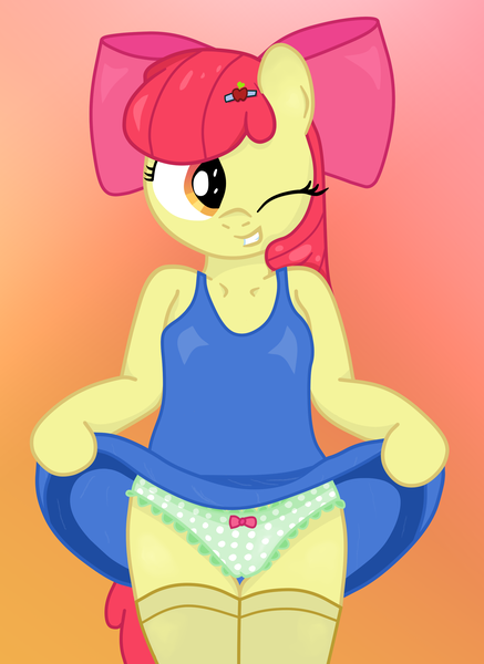 Size: 2086x2862 | Tagged: suggestive, artist:an-tonio, artist:lord waite, derpibooru import, apple bloom, anthro, arm hooves, cameltoe, clothes, colored, female, foalcon, frilly underwear, green underwear, image, panties, png, polka dot underwear, ribbon, shirt, show accurate, show accurate porn, skirt, skirt lift, socks, solo, solo female, underwear, upskirt, wink