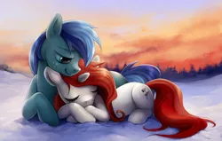 Size: 800x509 | Tagged: safe, artist:miszasta, derpibooru import, oc, unofficial characters only, earth pony, pony, unicorn, cuddling, eyes on the prize, forelegs crossed, forest, lying down, romance, shipping, sleeping, snow, snuggling, sunset, winter