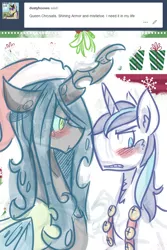 Size: 1000x1500 | Tagged: artist:dracojayproduct, ask the lie cast, bells, blushing, christmas, derpibooru import, hat, mistleholly, mistletoe, queen chrysalis, safe, santa hat, shining armor, tumblr