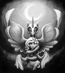 Size: 1323x1500 | Tagged: artist:sunbusting, crying, dead source, derpibooru import, duality, duo, filly, grayscale, monochrome, moon, nightmare moon, princess luna, s1 luna, safe, wip, woona