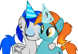 Size: 1956x1370 | Tagged: safe, artist:outlawedtofu, derpibooru import, oc, oc:sapphire sights, oc:swift note, unofficial characters only, pegasus, pony, unicorn, bridge piercing, ear piercing, eyebrow piercing, freckles, gauges, hairband, hat, hug, party hat, piercing, simple background, tail tied, transparent background, vector