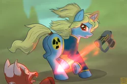 Size: 3252x2160 | Tagged: safe, artist:rune-blad3, deleted from derpibooru, derpibooru import, oc, oc:purity, unofficial characters only, ghoul, pony, unicorn, fallout equestria, cutie mark, energy weapon, female, glowing horn, gritted teeth, horn, laser pistol, levitation, magic, magical energy weapon, mare, plot, shooting, telekinesis