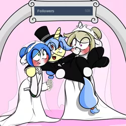 Size: 2000x2000 | Tagged: artist:fullmetalpikmin, blushing, clothes, derpibooru import, dress, embarrassed, milestone, oc, oc:cherry blossom, oc:mal, oc:viewing pleasure, safe, suit, tumblr, tumblr:ask viewing pleasure, unofficial characters only, wedding dress