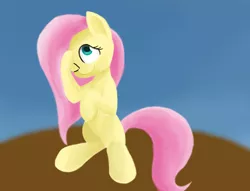 Size: 1416x1080 | Tagged: artist:purpleblackkiwi, derpibooru import, fluttershy, looking up, mane, one eye closed, safe, sitting, smiling, soft shading, solo