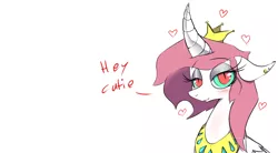 Size: 1632x900 | Tagged: safe, artist:apinklife, artist:pinkgagy, derpibooru import, oc, oc:gagy, unofficial characters only, alicorn, pony, alicorn oc, bedroom eyes, blushing, bust, crown, curved horn, dialogue, eyelashes, eyeshadow, female, floppy ears, heart, jewelry, looking at you, makeup, mare, regalia, simple background, smiling, solo, white background