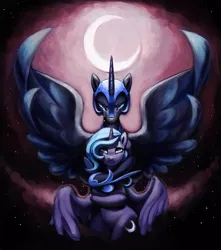 Size: 2646x3000 | Tagged: artist:sunbusting, crying, derpibooru import, duality, filly, hug, moon, nightmare moon, princess luna, s1 luna, safe, spread wings, woona