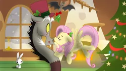 Size: 4800x2700 | Tagged: safe, artist:nstone53, derpibooru import, angel bunny, discord, fluttershy, bat, blushing, christmas, christmas tree, discoshy, female, fireplace, hat, holiday, holly, kissing, male, mistletoe, shipping, straight, tree