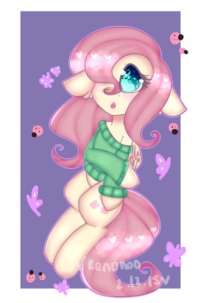 Size: 2000x3000 | Tagged: safe, artist:bunxl, derpibooru import, fluttershy, butterfly, ladybug, pegasus, pony, bottomless, clothes, cyan eyes, digital art, female, floppy ears, flying, green sweater, mare, off shoulder, off shoulder sweater, open mouth, partial nudity, pink hair, pink mane, pink tail, solo, sweater, sweatershy, yellow coat