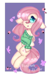 Size: 2000x3000 | Tagged: safe, artist:bunxl, derpibooru import, fluttershy, butterfly, ladybug, pegasus, pony, bottomless, clothes, cyan eyes, digital art, female, floppy ears, flying, green sweater, mare, off shoulder, off shoulder sweater, open mouth, partial nudity, pink hair, pink mane, pink tail, solo, sweater, sweatershy, yellow coat