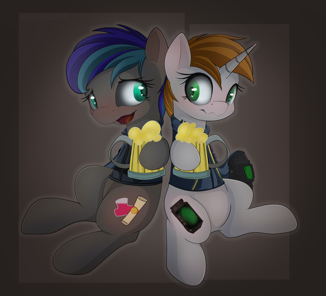 Size: 2000x1821 | Tagged: safe, artist:allyster-black, derpibooru import, oc, oc:littlepip, oc:summer breeze, unofficial characters only, bear, earth pony, pegasus, pony, unicorn, fallout equestria, fanfic, alcohol, blushing, booze, cider, clothes, cute, cutie mark, fanfic art, female, food, hardcore gangster porn, hoof hold, hooves, horn, mare, mug, open mouth, pipbuck, sitting, tankard, vault suit