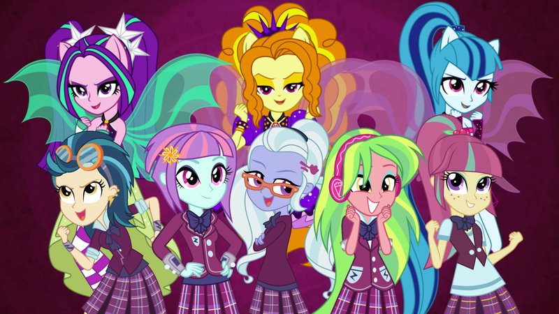 Size: 1920x1080 | Tagged: safe, artist:auburnborbon, artist:dashiefan2502, artist:mixiepie, artist:xebck, derpibooru import, adagio dazzle, aria blaze, indigo zap, lemon zest, sonata dusk, sour sweet, sugarcoat, sunny flare, equestria girls, friendship games, rainbow rocks, antagonist, clothes, crystal prep academy uniform, crystal prep shadowbolts, glasses, goggles, headphones, school uniform, shadow five, sleeveless, the dazzlings