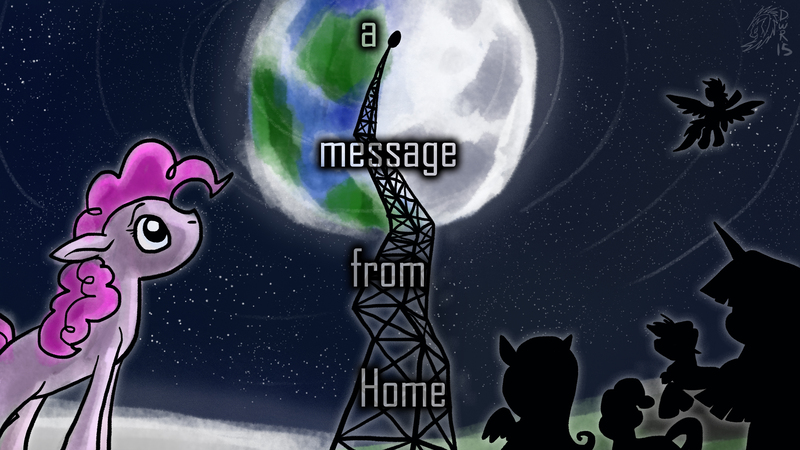 Size: 4000x2250 | Tagged: applejack, artist:dragonwolfrooke, derpibooru import, fluttershy, moon, music, pinkie pie, pink side of the moon, radio tower, rainbow dash, rarity, safe, silhouette, space, twilight sparkle