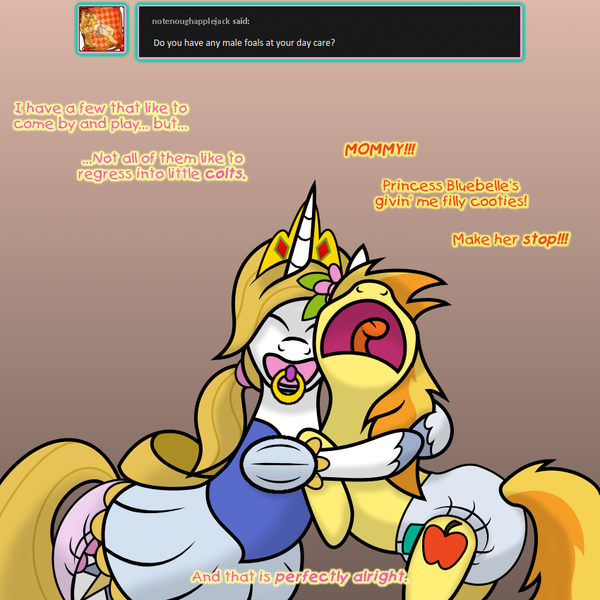 Size: 850x850 | Tagged: adult foal, artist:tdarkchylde, braeburn, braeby, crossdressing, derpibooru import, diaper, diaper fetish, fluttershy's nursery, pacifier, poofy diaper, prince blueblood, questionable, tumblr