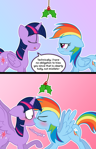 Size: 1840x2840 | Tagged: safe, artist:manual-monaro, derpibooru import, rainbow dash, twilight sparkle, twilight sparkle (alicorn), alicorn, pony, annoyed, blushing, comic, dialogue, eyes closed, female, floppy ears, holly, holly mistaken for mistletoe, kissing, lesbian, mare, rainbow dash is not amused, shipping, speech bubble, subverted holly mistaken for mistletoe, surprise kiss, surprised, technically correct, twidash, unamused, wingboner