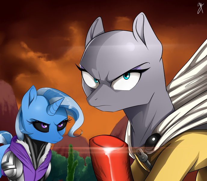 Size: 2335x2035 | Tagged: safe, artist:supermare, derpibooru import, maud pie, trixie, cyborg, pony, unicorn, armor, bald, black sclera, cape, clothes, costume, crossover, female, frown, genos, glare, looking at you, mare, one punch man, saitama