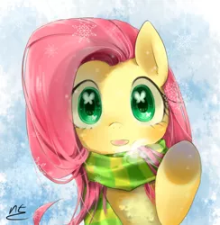 Size: 1170x1200 | Tagged: artist:komacc, breath, clothes, derpibooru import, fluttershy, raised hoof, safe, scarf, snow, snowflake, solo, wingding eyes